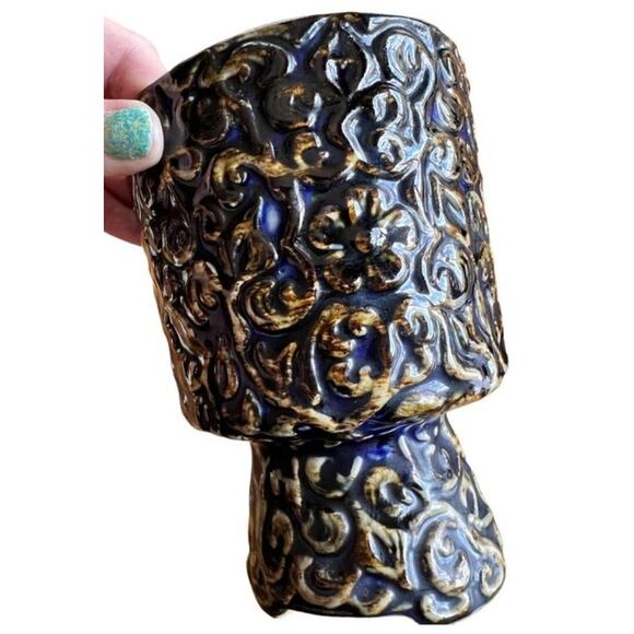 VTG Floralware Footed Round Planter Vase Succulent House Plant Floral Blue Brown - Picture 9 of 9